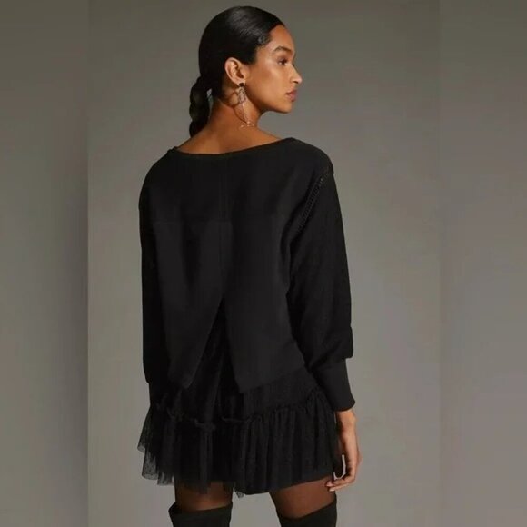 Free People Black Pullover With Sheer Ruffle Hem & Crochet Details Small Petite - Picture 5 of 10